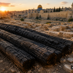 AI generated: Künstlerische Darstellung verkohlter Holzbalken in den Ausgrabungen der Davidstadt vor der historischen Silhouette Jerusalems. Das Bild dient als symbolische Illustration des archäologischen Fundes und ist keine Fotografie.