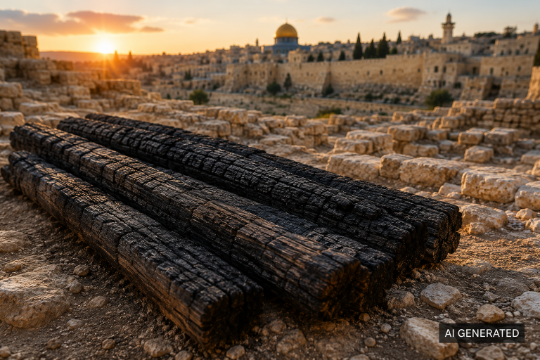 AI generated: Künstlerische Darstellung verkohlter Holzbalken in den Ausgrabungen der Davidstadt vor der historischen Silhouette Jerusalems. Das Bild dient als symbolische Illustration des archäologischen Fundes und ist keine Fotografie.