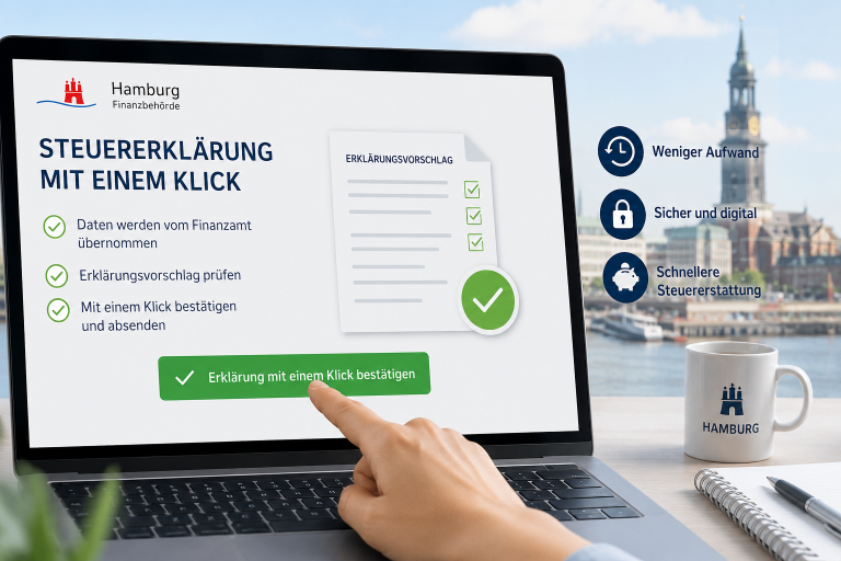 Ein Laptop zeigt eine digitale Steuererklärung mit dem Hinweis „Steuererklärung mit einem Klick“. Eine Hand bestätigt den vorbereiteten Erklärungsvorschlag per Klick. Im Hintergrund ist die Hamburger Skyline zu sehen – Symbol für die Digitalisierung der Steuerverwaltung.
