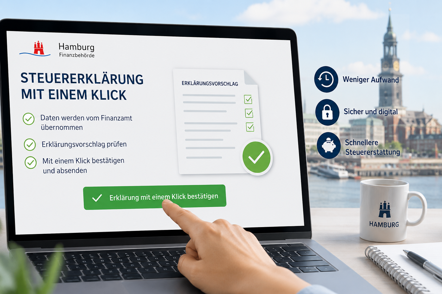 Ein Laptop zeigt eine digitale Steuererklärung mit dem Hinweis „Steuererklärung mit einem Klick“. Eine Hand bestätigt den vorbereiteten Erklärungsvorschlag per Klick. Im Hintergrund ist die Hamburger Skyline zu sehen – Symbol für die Digitalisierung der Steuerverwaltung.