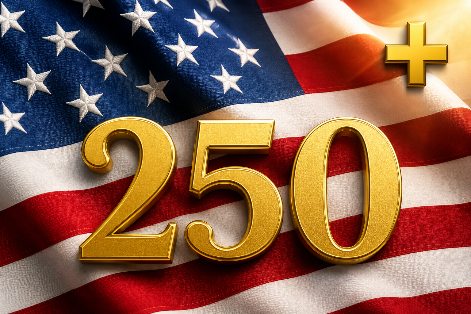 oldene Zahl 250 vor einer wehenden amerikanischen Flagge. In der rechten oberen Ecke befindet sich ein goldenes Pluszeichen als grafisches Symbol für den Artikel über 250 Jahre USA und seine Bedeutung für das jüdische Leben.