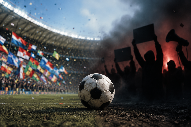 Ein Fußball liegt im Vordergrund eines Stadions. Während auf der einen Seite Fans mit Flaggen feiern, ist die andere Seite von Rauch, dunklen Silhouetten und einer angespannten Atmosphäre geprägt. Das Bild symbolisiert den Kontrast zwischen der verbindenden Kraft des Sports und den gesellschaftlichen Spannungen, die die Fußball-Weltmeisterschaft 2026 begleiteten.