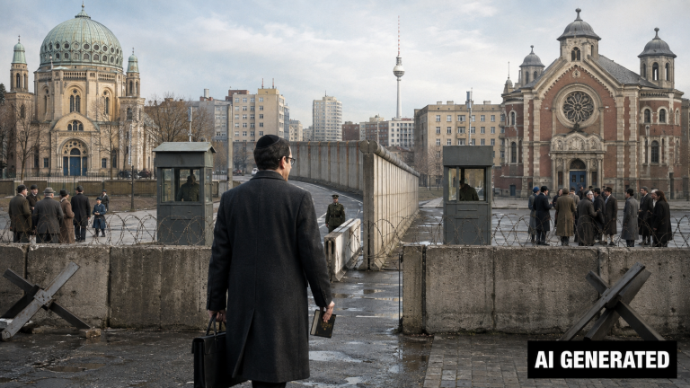 Ein jüdischer Kantor mit Kippa und Gebetbuch steht vor einem Grenzübergang der Berliner Mauer. Auf beiden Seiten sind Synagogen und Gemeindemitglieder zu sehen. Unten rechts steht „AI GENERATED“.
