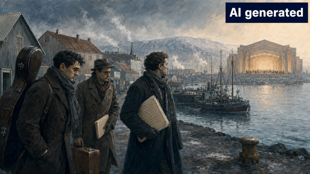 Drei geflüchtete Musiker mit Cello, Noten und Koffer im Hafen von Reykjavík, im Hintergrund ein erleuchtetes Orchester.