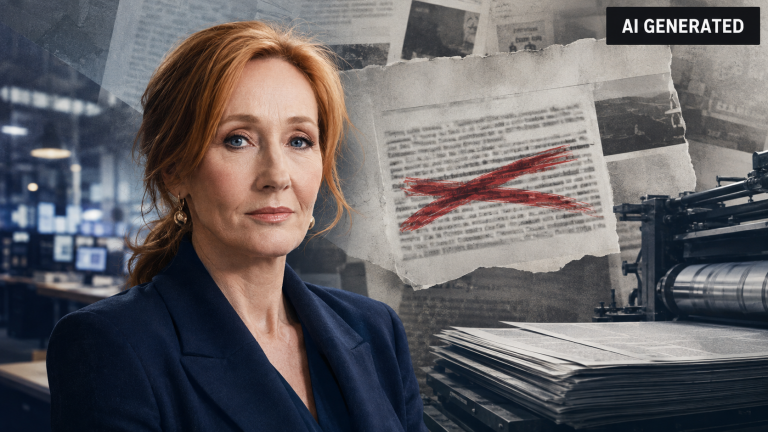 J. K. Rowling vor einer Collage aus Zeitungsseiten und einer Druckmaschine; ein rot durchgestrichener Text symbolisiert den zurückgenommenen Vorwurf der Holocaustleugnung.