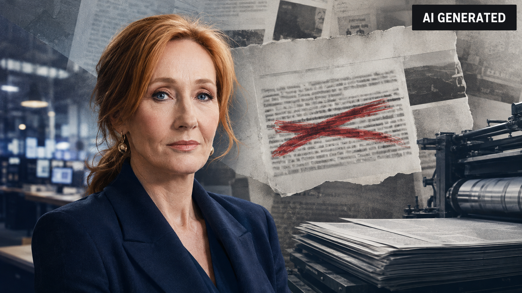 J. K. Rowling vor einer Collage aus Zeitungsseiten und einer Druckmaschine; ein rot durchgestrichener Text symbolisiert den zurückgenommenen Vorwurf der Holocaustleugnung.