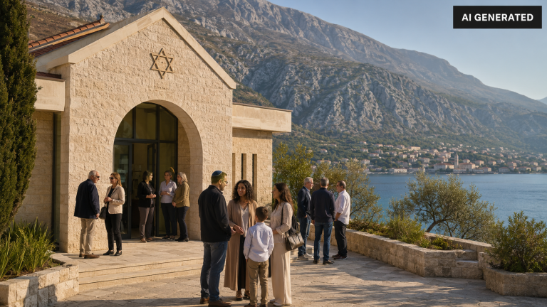 Menschen stehen vor einer Synagoge mit Davidstern an der montenegrinischen Adriaküste. Im Hintergrund sind das Meer, ein Küstenort und Berge zu sehen. Oben rechts steht „AI GENERATED“.