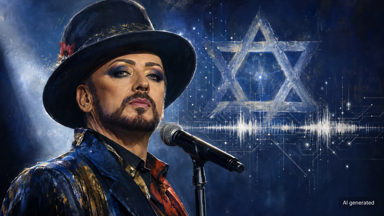 KI-generierte Illustration von Boy George am Mikrofon, vor einem Davidstern, einer Klangwelle und digitalen Schaltkreisen.