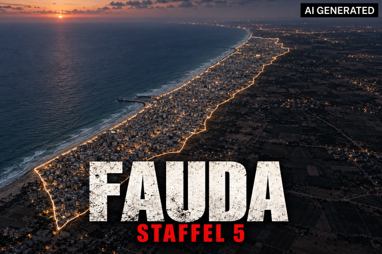 Luftaufnahme des Gazastreifens bei Dämmerung mit hervorgehobener Küstenlinie und dem Schriftzug „Fauda – Staffel 5“. Oben rechts steht der Hinweis „AI GENERATED“.