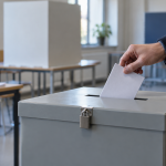 Eine Hand wirft einen Stimmzettel in eine graue Wahlurne in einem hellen Wahllokal.