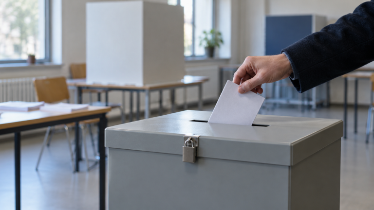 Eine Hand wirft einen Stimmzettel in eine graue Wahlurne in einem hellen Wahllokal.