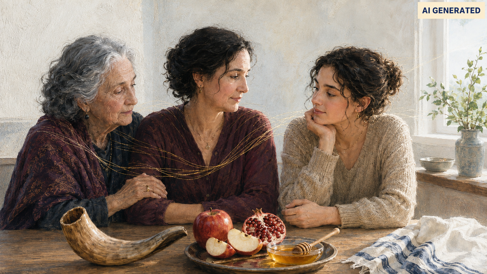 Illustration von drei Frauen aus drei Generationen, verbunden durch goldene Fäden, an einem Tisch mit Schofar, Äpfeln, Honig und Granatapfel.