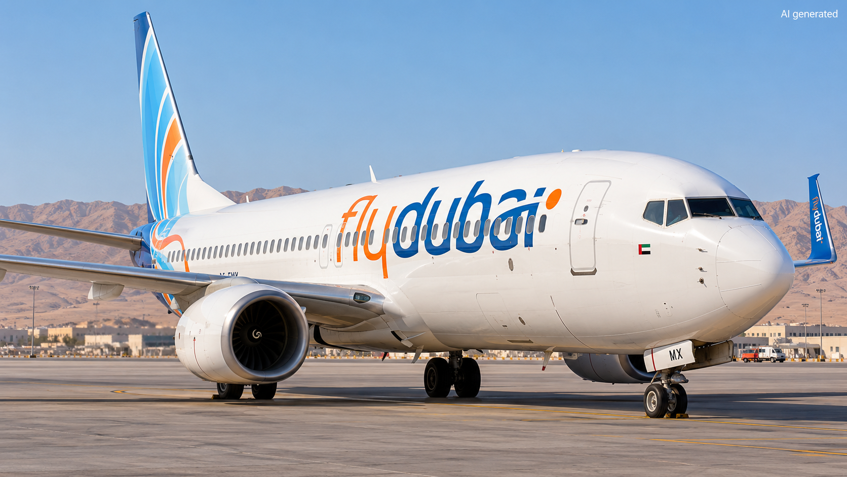 KI-generiertes Symbolbild einer Flydubai-Maschine auf einem Flughafenvorfeld bei Tageslicht, mit Bergen im Hintergrund.
