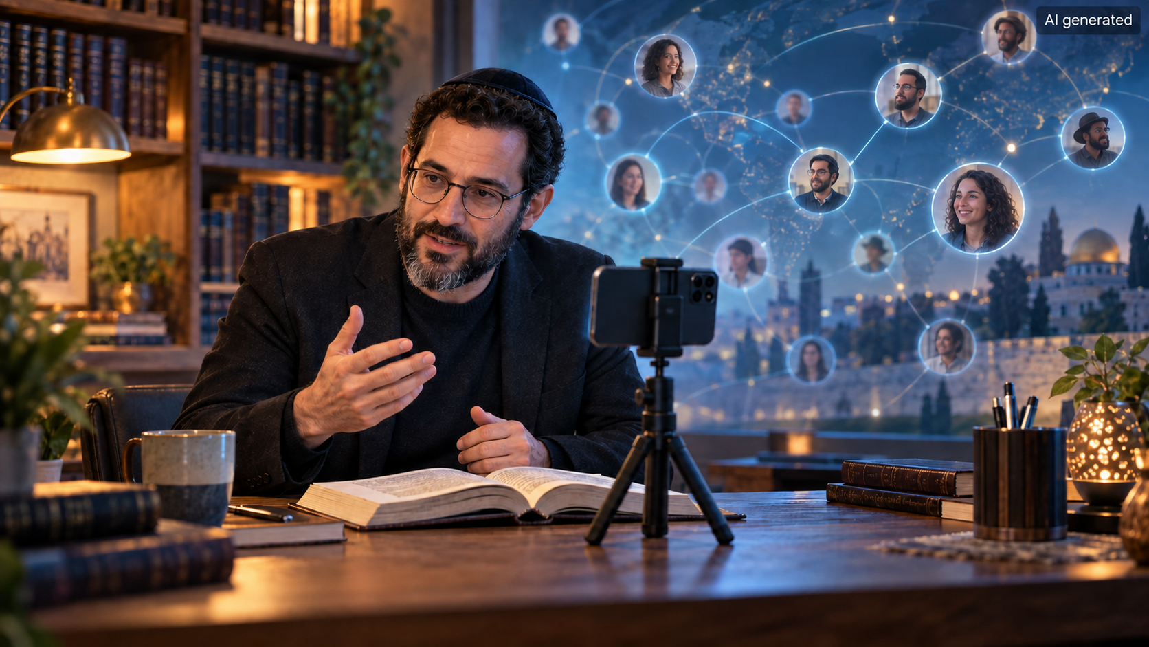 Rabbiner vermittelt jüdische Lehren per Smartphone an eine weltweit vernetzte digitale Community. Das Bild ist als „AI generated“ gekennzeichnet.