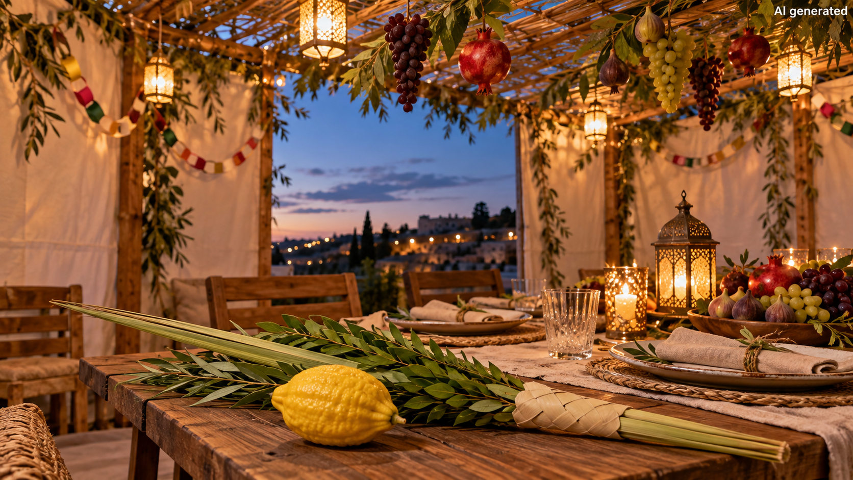 Festlich geschmückte Sukka mit gedecktem Tisch, Früchten, S’chach sowie Etrog und Lulav im warmen Abendlicht.