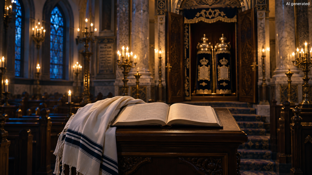 Geöffnetes Gebetbuch und Tallit vor dem Toraschrein in einer festlich beleuchteten Synagoge am Vorabend von Jom Kippur.