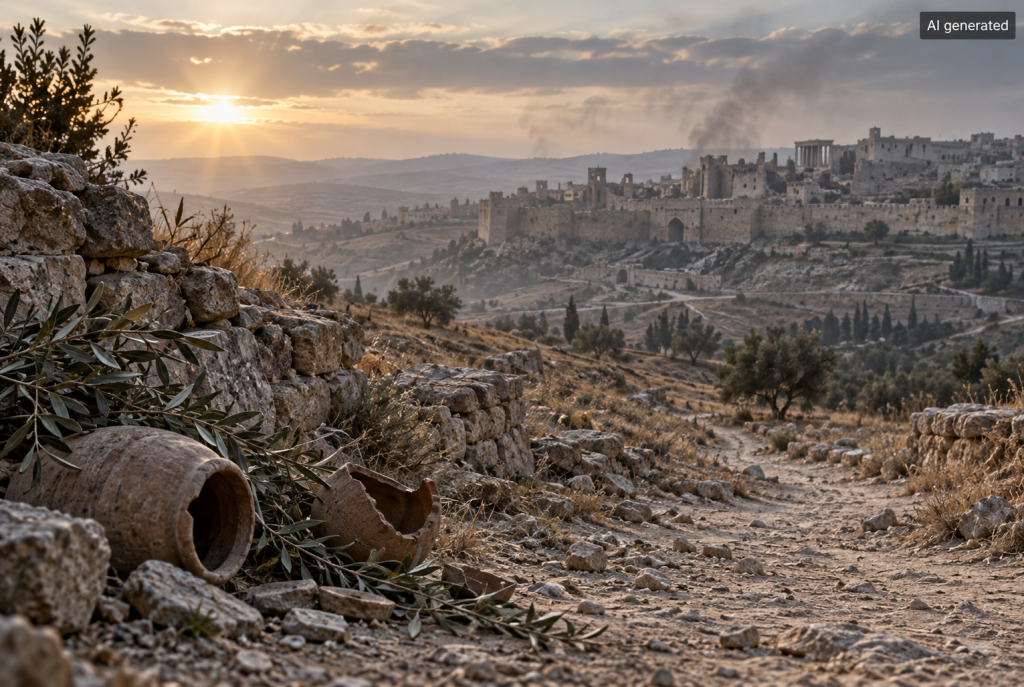 Blick über einen verlassenen Weg auf das zerstörte Jerusalem nach der babylonischen Eroberung – Symbolbild zu Tzom Gedalja.