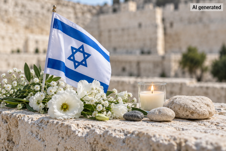 Erinnerungslicht mit Israelflagge und weißen Blumen