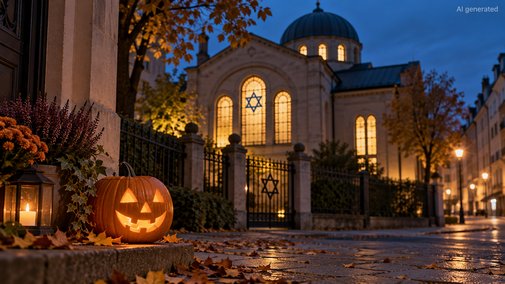 Halloween Kürbis vor einer erleuchteten Synagoge