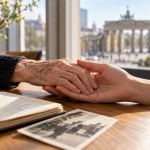 KI-generiertes Symbolbild: Ein jüngerer Mensch hält die Hand einer älteren Frau. Auf dem Tisch liegen ein Notizbuch und ein historisches Foto; im Hintergrund steht das Brandenburger Tor.