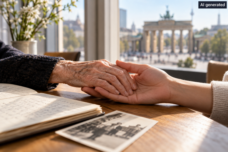 KI-generiertes Symbolbild: Ein jüngerer Mensch hält die Hand einer älteren Frau. Auf dem Tisch liegen ein Notizbuch und ein historisches Foto; im Hintergrund steht das Brandenburger Tor.
