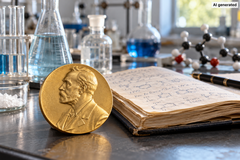 KI-generiertes Symbolbild: Goldene Medaille neben einem aufgeschlagenen Forschungsnotizbuch, Laborgläsern und einem Molekülmodell. Oben rechts steht „AI generated“.