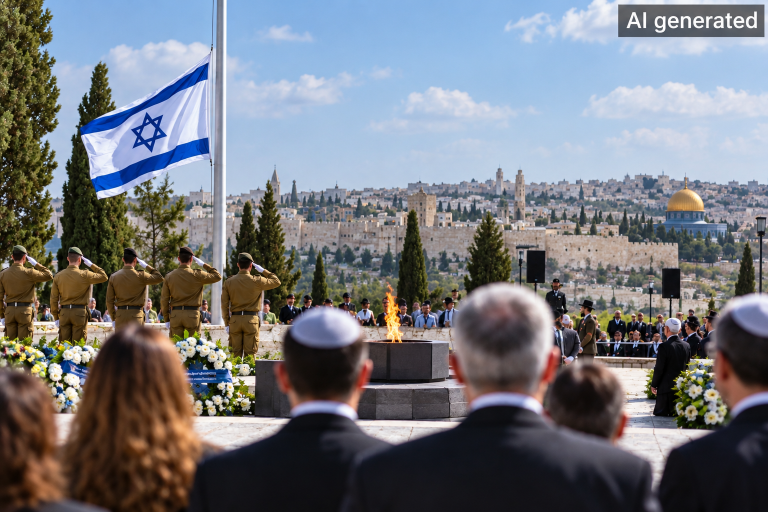 Gedenkzeremonie in Jerusalem bei Tageslicht mit israelischer Flagge auf halbmast, salutierenden Soldaten, Kränzen und Blick auf die Altstadt.
