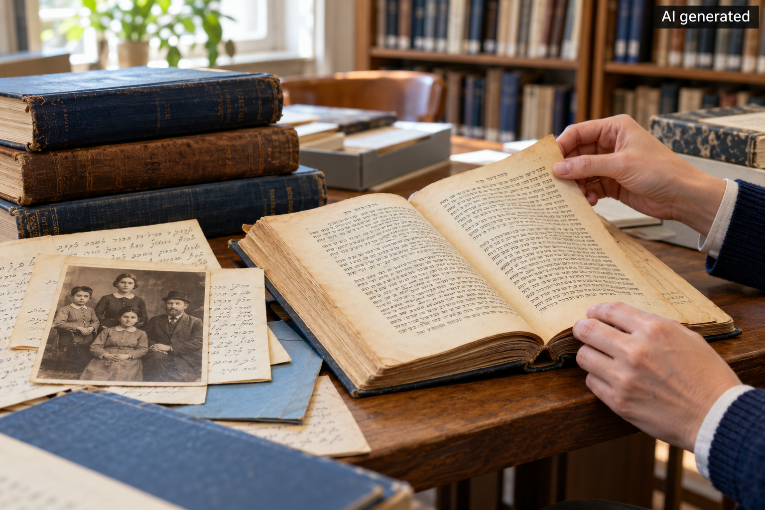 KI-generiertes Symbolbild: Hände blättern in einem alten Buch mit hebräischen Schriftzeichen. Daneben liegen historische Briefe, Bücher und ein Familienfoto – Sinnbild für die Bewahrung jüdischer Kultur durch YIVO.